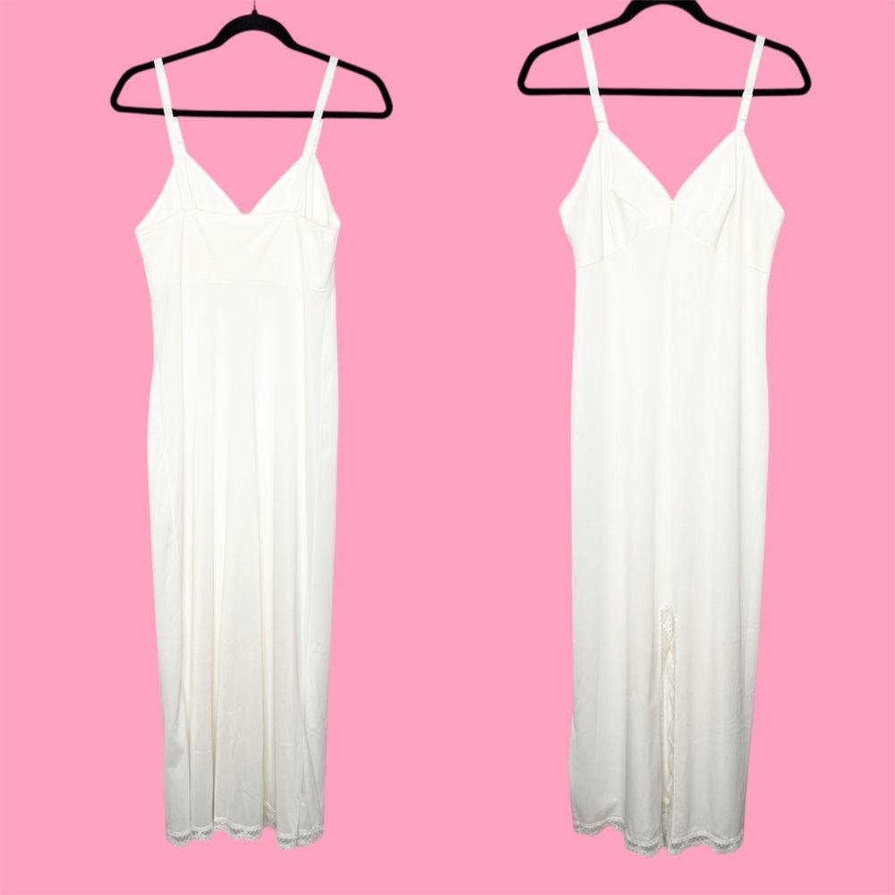 Vintage Babydoll Slip Dress Lace Slit White - Picture 8 of 9